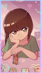 Rule 34 | 1990s (style), 1girl, absurdres, banknote, blunt bangs, blush, bob cut, border, brown eyes, brown hair, circle, collarbone, commentary, elbow rest, green shirt, hand on own cheek, hand on own face, head rest, head tilt, heart, highres, holding, holding money, light blush, light smile, looking at viewer, money, photo (object), raised eyebrows, ranma-chan, ranma 1/2, retro artstyle, shirt, short hair, short sleeves, sitting, smile, solo, t-shirt, table, tairanoabokado, tendou nabiki, translated, triangle, upper body, upturned eyes