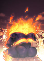 Rule 34 | 1boy, ass, ass focus, back, bara, beard, blue bodysuit, bodysuit, boku no hero academia, facial hair, feet out of frame, fire, from behind, looking away, male focus, mature male, muscular, muscular male, ono (ohno ha), red hair, short hair, sideburns, sitting, solo, spiked hair, thick thighs, thighs, endeavor (boku no hero academia)