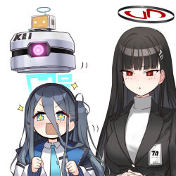 Rule 34 | &lt;key&gt; (blue archive), 2girls, :o, absurdly long hair, aris (blue archive), awestruck, black hair, blazer, blue archive, blue eyes, blue necktie, blunt bangs, clenched hands, collared shirt, commentary request, drone, hair between eyes, hair ornament, hairband, halo, id card, jacket, long hair, long sleeves, looking away, multiple girls, necktie, o (rakkasei), open clothes, open jacket, parted lips, red eyes, riding, rio (blue archive), robot, school uniform, shirt, sidelocks, simple background, sparkle, sparkling eyes, sweater, turtleneck, turtleneck sweater, very long hair, white background