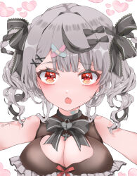 Rule 34 | 1girl, 2ndope, absurdres, bandaid, bandaid hair ornament, bandaid on neck, black bow, black hair, blush, bow, breasts, cleavage, cleavage cutout, clothing cutout, dress, drill hair, frilled dress, frills, grey hair, hair bow, hair ornament, heart, heart cutout, highres, hololive, large breasts, looking at viewer, medium hair, multicolored hair, official alternate costume, red eyes, sakamata chloe, sakamata chloe (jirai kei), sleeveless, sleeveless dress, streaked hair, twin drills, virtual youtuber, white background, x hair ornament