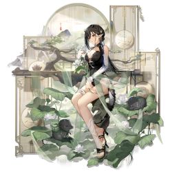 Rule 34 | 1girl, animal, arknights, black footwear, black hair, black one-piece swimsuit, blacknight (arknights), blacknight (summer flower) (arknights), blue hair, bonsai, braid, breasts, casual one-piece swimsuit, cleavage, copyright name, detached sleeves, flower, game cg, green nails, grey background, hand up, high heels, highres, horns, leaf, lotus, medium breasts, multicolored hair, nail polish, non-web source, one-piece swimsuit, plant, pointy ears, simple background, sitting, solo, sprite, streaked hair, swimsuit, thigh strap, toenail polish, toenails, transparent background, wenquangua, white flower, white sleeves, yellow eyes