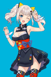 Rule 34 | 1girl, ;d, animal ears, armpits, black dress, blue background, blue eyes, breasts, cat ears, claw pose, cleavage, cleavage cutout, clothing cutout, d-pad, d-pad hair ornament, dress, fake animal ears, grey hair, hair ornament, hairclip, hands up, kaguya luna, looking at viewer, medium breasts, obi, one eye closed, open mouth, ribbon, rimo, round teeth, sash, sidelocks, simple background, smile, solo, teeth, the moon studio, thighhighs, twintails, upper teeth only, v-shaped eyebrows, virtual youtuber, white ribbon, wrist ribbon