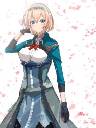 Rule 34 | 1girl, black gloves, blonde hair, blue eyes, breasts, cherry blossoms, commentary, corset, cropped jacket, dress shirt, flower, gloves, highres, kantai collection, long hair, looking at viewer, medium breasts, official alternate hair length, official alternate hairstyle, one-hour drawing challenge, petals, red flower, red rose, roko roko (doradorazz), rose, shirt, short hair, smile, solo, tiara, twitter username, victorious (kancolle), white shirt