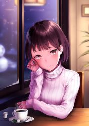 Rule 34 | 1girl, bad id, bad pixiv id, blush, brown eyes, brown hair, chair, closed mouth, coffee, commentary request, copyright request, cup, fingernails, hand up, head tilt, indoors, long sleeves, night, on chair, ribbed sweater, ryuinu, saucer, sitting, sleeves past wrists, smile, snow, solo, spoon, sugar cube, sweater, table, teacup, turtleneck, turtleneck sweater, white sweater, window