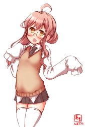 Rule 34 | 1girl, ahoge, alternate costume, black necktie, black skirt, blush, brown sweater, cowboy shot, dated, double bun, dress shirt, glasses, hair bun, highres, kanon (kurogane knights), kantai collection, logo, long sleeves, looking at viewer, makigumo (kancolle), necktie, open mouth, pink hair, pleated skirt, shirt, simple background, skirt, sleeves past wrists, solo, sweater, sweater vest, thighhighs, twintails, white background, white thighhighs, yellow eyes, zettai ryouiki