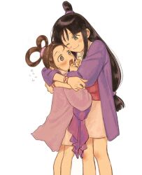 Rule 34 | 2girls, ace attorney, black hair, blunt bangs, blush, brown eyes, brown hair, closed mouth, hair ornament, hair rings, half updo, hanten (clothes), highres, hug, jacket, japanese clothes, kimono, long hair, long sleeves, looking at another, maya fey, multiple girls, open mouth, parted bangs, pearl fey, purple jacket, renshu usodayo, short hair, short kimono, sidelocks, simple background, smile, surprised, sweatdrop, white background