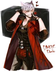 Rule 34 | 1boy, animal ears, backless pants, bishounen, blue eyes, chaps, closed mouth, coat, dante (devil may cry), devil may cry, devil may cry (series), devil may cry 4, flower, flower in mouth, gloves, hair over one eye, holding, leather, looking at viewer, male focus, mouth hold, pants, q1modi, red coat, red flower, red rose, rose, smile, solo, standing, tail, trench coat, white hair