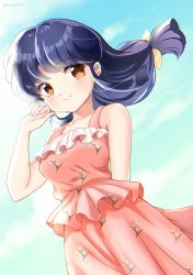 Rule 34 | 1girl, arm behind back, blue hair, blue sky, brown eyes, closed mouth, cloud, cloudy sky, commentary, cyocomi4, day, dress, dutch angle, floral print, hair ribbon, hand in own hair, highres, long hair, looking at viewer, low-tied long hair, outdoors, pink dress, print dress, ranma 1/2, ribbon, sky, smile, solo, standing, sundress, tendou akane, twitter username, wind, yellow ribbon