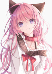 Rule 34 | 1girl, animal ears, artist name, bare shoulders, blue eyes, bra strap, closed mouth, collar, collarbone, flower-shaped pupils, fox ears, frilled shirt, frills, long hair, long sleeves, looking at viewer, off shoulder, original, pink hair, red ribbon, ribbon, shirt, simple background, smile, solo, symbol-shaped pupils, upper body, venn (vebonbon), white background, white shirt