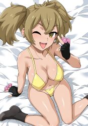 Rule 34 | 1girl, arm support, bare shoulders, bed sheet, bikini, black footwear, black gloves, breasts, cleavage, collarbone, condom, crossed bangs, fingerless gloves, from above, gloves, groin, gundam, gundam suisei no majo, hair between eyes, haruhisky, highres, holding, holding condom, large breasts, light brown hair, looking at viewer, looking up, multiple condoms, naughty face, navel, one eye closed, presenting, renee costa, sitting, solo, swimsuit, teeth, tongue, tongue out, twintails, upper teeth only, v-shaped eyebrows, yellow bikini