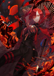 Rule 34 | black bodysuit, bodysuit, cape, chain, collared cape, dutch angle, family crest, fate/grand order, fate (series), fire, full body, hair over one eye, hand on headwear, hat, highres, holding, holding clothes, holding hat, medallion, military hat, oda nobunaga (fate), oda nobunaga (maou avenger) (fate), oda uri, peaked cap, popped collar, red cape, red eyes, red hair, red theme, shei99, skull, standing, tight top