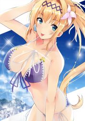 Rule 34 | 1girl, :p, arm behind head, bare shoulders, bikini, blonde hair, blue eyes, blush, breasts, cleavage, collarbone, dress, flower, granblue fantasy, hair between eyes, hair flower, hair ornament, hairband, highres, jeanne d&#039;arc (granblue fantasy), large breasts, long hair, looking at viewer, navel, purple bikini, see-through, see-through dress, side-tie bikini bottom, smile, solo, sparkle, swimsuit, ton ton tontoro, tongue, tongue out, translucent dress, very long hair