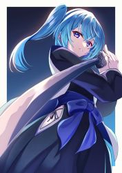 Rule 34 | 1girl, absurdres, anichika, black kimono, blue eyes, blue hair, blue sash, bow, breasts, commentary request, from below, hair bow, hands up, highres, holding, holding sword, holding weapon, hololive, hoshimachi suisei, japanese clothes, katana, kimono, long hair, long sleeves, looking at viewer, parted lips, sash, side ponytail, simple background, solo, standing, star (symbol), star in eye, sword, symbol in eye, virtual youtuber, weapon