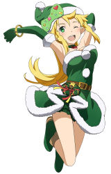 Rule 34 | 1girl, armpits, arms up, belt, belt skirt, blonde hair, blush, boots, breasts, choker, cleavage, dress, elbow gloves, full body, fur trim, gloves, green eyes, green gloves, green hat, green neckwear, green santa costume, hat, heart, heart choker, leafa, long hair, looking at viewer, non-web source, official art, one eye closed, open mouth, pointy ears, santa costume, santa dress, santa hat, sidelocks, simple background, skirt, solo, sword art online, white background