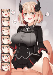 Rule 34 | 1boy, 1girl, :d, ahegao, akaoni (zumt3548), azur lane, black corset, black jacket, black skirt, blonde hair, blush, breasts, brown eyes, clothed sex, commentary request, corset, cowgirl position, cross, cum, cum in pussy, cum overflow, expressions, femdom, girl on top, hair ornament, heart, heart-shaped pupils, hetero, highres, holding another&#039;s wrist, jacket, large breasts, multicolored hair, open mouth, pov, pov crotch, red eyes, roon (azur lane), sex, short hair, skirt, smile, solo focus, spoken heart, straddling, streaked hair, symbol-shaped pupils