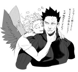 Rule 34 | 2boys, boku no hero academia, closed eyes, earrings, endeavor (boku no hero academia), facial hair, feathered wings, forked eyebrows, greyscale, hair slicked back, hand on another&#039;s face, hand on another&#039;s shoulder, hawks (boku no hero academia), heart, high collar, hug, hug from behind, jewelry, looking at another, male focus, monochrome, multiple boys, ribbed sweater, scar, scar on face, serious, shirt, short hair, smile, spiked hair, sweater, t-shirt, upper body, wings, y (hellenism), yaoi