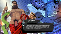 Rule 34 | 1boy, abs, asclepius (mythology), bara, beard, connected beard, cowboy shot, dialogue box, english text, facial hair, flaccid, from below, full beard, greek mythology, hades (series), hades 2, hairy, highres, holding, holding staff, index finger raised, large pectorals, licking, licking nipple, long beard, looking at viewer, male focus, male pubic hair, mature male, muscular, muscular male, navel, navel hair, nickiecharles, nipple stimulation, nipples, original, parody, pectorals, penis, precum, precum string, pubic hair, short hair, single nipple piercing, snake, solo, sparse leg hair, staff, standing, stomach, thick arm hair, thick beard, thick chest hair, thick navel hair, uncensored, very hairy