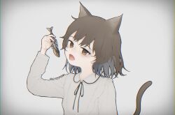 Rule 34 | 1girl, animal ears, black ribbon, bone, brown hair, cat ears, cat girl, cat tail, collared shirt, colored inner hair, commentary request, expressionless, fangs, fish bone, grey background, grey hair, grey shirt, hand up, hatoba tsugu, head back, highres, holding, holding bone, kemonomimi mode, long sleeves, looking at viewer, medium hair, mikemomonga, mole, mole under eye, multicolored hair, neck ribbon, open mouth, ribbon, shirt, simple background, skin fangs, solo, tail, tongue, tongue out, tsugu (vtuber), twitter username, vignetting, virtual youtuber