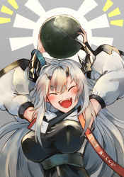 Rule 34 | ^^^, 1girl, arknights, arms up, blush, breasts, carrying overhead, detached sleeves, closed eyes, fangs, grey background, hair ornament, highres, horns, large breasts, long hair, looking at viewer, matoimaru (arknights), oni horns, open mouth, silver hair, simple background, smile, solo, taut clothes, tengu style, upper body, wide sleeves