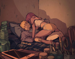 Rule 34 | androgynous, artist name, ashleyloob, bed, blonde hair, blurry, bottle, camisole, cellphone, couple, depth of field, gender request, girl on top, imminent kiss, lying, original, pen, pen holder, phone, pillow, red hair, scissors, shadow, shirt, shorts, smartphone, strap slip, sweater, twitter username, white shirt, yellow shorts