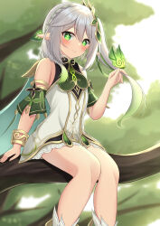 Rule 34 | 1girl, absurdres, bare legs, blush, bug, butterfly, butterfly on hand, cape, child, closed mouth, cross-shaped pupils, day, dress, genshin impact, gradient hair, green butterfly, green cape, green eyes, green sleeves, grey hair, hair ornament, highres, in tree, insect, leaf hair ornament, long hair, looking at viewer, multicolored hair, nahida (genshin impact), outdoors, pointy ears, side ponytail, sitting, sitting in tree, smile, solo, stirrup footwear, symbol-shaped pupils, tree, white dress, yuzuri amane