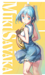 Rule 34 | 10s, 1girl, :t, absurdres, ass, blue eyes, blue hair, breasts, character name, french horn, highres, instrument, mahou shoujo madoka magica, mahou shoujo madoka magica (anime), matching hair/eyes, miki sayaka, music, pg (pgouwoderen), playing instrument, sketch, skirt, solo
