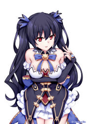 Rule 34 | 1girl, arm under breasts, bare shoulders, black dress, black hair, blue ribbon, breast hold, breasts, bridal gauntlets, choujigen game neptune, chrisandita, commentary, cowboy shot, dress, english commentary, hair between eyes, hair ribbon, hand up, highres, layered skirt, long hair, looking at viewer, medium breasts, neptune (series), noire (neptunia), parted lips, pleated skirt, red eyes, ribbon, simple background, skirt, smile, solo, twintails, twitter username, very long hair, white background, white skirt