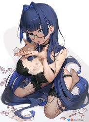 Rule 34 | 1girl, blue eyes, blue hair, bra, breasts, candy, feet, food, glasses, greatodoggo, hair intakes, highres, hololive, hololive english, large breasts, long hair, looking at viewer, multicolored hair, ouro kronii, solo, suggestive fluid, thighs, underwear, virtual youtuber