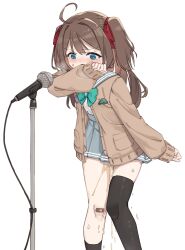 Rule 34 | 1girl, @ @, absurdres, ahoge, asymmetrical legwear, badge, bandaid, bandaid on knee, bandaid on leg, black socks, black thighhighs, blush, bow, bowtie, breath, brown cardigan, brown hair, button badge, cable, cardigan, chinese commentary, commentary, covering own mouth, english commentary, feet out of frame, flying sweatdrops, frown, green bow, green bowtie, grey sailor collar, grey skirt, hair ribbon, highres, indie virtual youtuber, kneehighs, knees together feet apart, microphone, microphone stand, mixed-language commentary, neuro-sama, nose blush, pee, peeing, peeing self, pleated skirt, red ribbon, ribbon, rune (dualhart), sailor collar, school uniform, serafuku, single kneehigh, single sock, single thighhigh, skirt, sleeves past wrists, socks, standing, sweat, tearing up, thighhighs, transparent background, two side up, uneven legwear, virtual youtuber, white serafuku