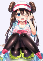 Rule 34 | 1girl, ;d, arm support, blue footwear, blush, breasts, brown hair, brown pantyhose, collarbone, commentary request, creatures (company), double bun, game freak, green shorts, hair between eyes, hair bun, hand up, hat, ikazu401, knees together feet apart, knees up, large breasts, long hair, looking at viewer, nintendo, one eye closed, open mouth, pantyhose, pokemon, pokemon bw2, puddle, purple background, rosa (pokemon), see-through, shirt, shoes, short shorts, shorts, sitting, smile, solo, teeth, thighband pantyhose, twintails, upper teeth only, very long hair, visor cap, water, wet, wet clothes, wet hair, wet shirt, white hat, white shirt