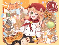 1girl animal_ears bread cat cat_ears cat_girl clothing_request commentary_request english_text fang food green_eyes highres holding holding_tongs long_hair looking_at_viewer mitsumine_(ookami_no_oyashiro) one_eye_closed orange_hair original smile tongs