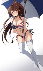 Rule 34 | 1girl, american flag bikini, asymmetrical legwear, bikini, breasts, brown hair, cherry blossoms, collarbone, flag print, flower, full body, hair flower, hair ornament, highres, kantai collection, large breasts, leaning forward, long hair, looking at viewer, nel-c, ponytail, red eyes, side-tie bikini bottom, simple background, solo, standing, striped, swimsuit, thighhighs, umbrella, uneven legwear, white background, white thighhighs, yamato (kancolle)