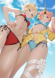 Rule 34 | 2girls, absurdres, arm around waist, bikini, blonde hair, blue bikini, blue eyes, blue sky, breasts, commentary request, day, double bun, fate/grand order, fate (series), foreshortening, frankenstein&#039;s monster (fate), frankenstein&#039;s monster (swimsuit saber) (fate), frankenstein&#039;s monster (swimsuit saber) (first ascension) (fate), from below, front-tie bikini top, front-tie top, green eyes, hair bun, hair ornament, hair over one eye, hand on own hip, highres, horns, leg ribbon, looking at viewer, looking down, mordred (fate), mordred (fate) (all), mordred (fate/apocrypha), mordred (swimsuit rider) (fate), mordred (swimsuit rider) (first ascension) (fate), multiple girls, navel, outdoors, pink hair, ponytail, red bikini, ribbon, saruchitan, short hair, side-tie bikini bottom, single horn, skindentation, sky, sleeves past wrists, small breasts, string bikini, swimsuit