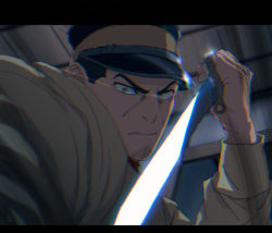 Rule 34 | 0109 (artist), 1boy, angry, bayonet, black hat, closed mouth, commentary request, from below, golden kamuy, grey eyes, hat, holding, holding knife, holding weapon, indoors, knife, letterboxed, long sleeves, looking at viewer, lowres, male focus, military, military hat, military uniform, solo, thick eyebrows, tsukishima hajime, uniform, upper body, weapon, yellow hat