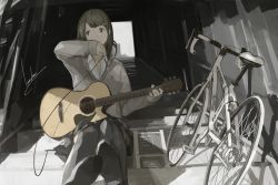 Rule 34 | 1girl, acoustic guitar, bicycle, black eyes, black hair, guitar, hair ornament, hairclip, headphones, headphones around neck, highres, instrument, long hair, looking away, loundraw, monochrome, original, road bicycle, scenery, school uniform, signature, sitting, sitting on stairs, sleeves past wrists, solo, spot color, stairs, sweater, thighhighs