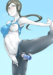 Rule 34 | 1girl, balancing, barefoot, black hair, blue background, blush, breast slip, breasts, clothes lift, colored skin, covered erect nipples, dark nipples, dildo, eyebrows, flexible, highres, long hair, medium breasts, midriff, nakamura regura, navel, nintendo, nipples, object insertion, one breast out, plantar flexion, ponytail, pussy, pussy juice, sex toy, shirt lift, simple background, smile, solo, spandex, standing, standing on one leg, stretching, super smash bros., sweat, tank top, thick thighs, thighs, torn clothes, uncensored, vaginal, vaginal object insertion, white skin, wide hips, wii fit, wii fit trainer, wii fit trainer (female), yoga