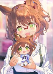 Rule 34 | 1girl, :d, absurdres, animal ears, aston machan (umamusume), blush, breasts, brown hair, commentary request, doll, glasses, green eyes, green skirt, green suspenders, hair ornament, hair scrunchie, highres, holding, holding doll, horse ears, horse girl, large breasts, long hair, long sleeves, looking at viewer, open mouth, partial commentary, red-framed eyewear, red scrunchie, scrunchie, semi-rimless eyewear, shirt, side ponytail, skirt, smile, solo, suspender skirt, suspenders, umamusume, white shirt, yupiteru