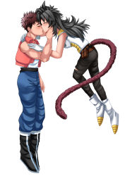 Rule 34 | 1boy, 1girl, absurdres, belt, black belt, black hair, black pants, blush, boots, brown belt, brown hair, closed eyes, commission, commissioner upload, denim, dragon ball, dragon ball gt, dragon ball heroes, dragon ball super, dragon ball xenoverse, dragonball z, hand around neck, hand on another&#039;s arm, hand on another&#039;s chin, highres, jeans, kiss, long hair, messy hair, monkey tail, original, pants, pouch, red vest, renji (oc), saiyan, saiyan armor, shirt, short hair, tail, tokage (artist), torn clothes, torn legwear, vest, white shirt, zou (oc)