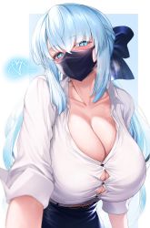 Rule 34 | 1girl, blue eyes, blue hair, blush, breasts, cleavage, eyebrows, fate/grand order, fate (series), heart, highres, hirasawa seiji, leaning forward, looking at viewer, mask, morgan le fay (chaldea satellite station) (fate), morgan le fay (fate), mouth mask, office lady, sleeves rolled up, steam, steaming body, undersized clothes, upper body
