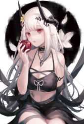 Rule 34 | 1girl, :o, absurdres, apple, arknights, bare shoulders, breasts, cleavage, commentary request, cowboy shot, flower, food, fruit, hair flower, hair ornament, hand up, highres, holding, holding food, holding fruit, horns, long hair, looking at viewer, material growth, mudrock (arknights), mudrock (silent night) (arknights), nomuraumu, official alternate costume, oripathy lesion (arknights), parted lips, partial commentary, pointy ears, red eyes, silver hair, solo, stomach, white background