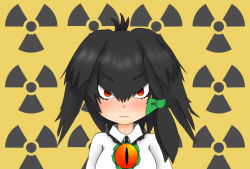 Rule 34 | 10s, 1girl, black hair, blush, bow, closed mouth, collared shirt, cosplay, expressionless, hair bow, kemono friends, long hair, looking at viewer, low ponytail, maiko (maimaxes), radiation symbol, red eyes, reiuji utsuho, reiuji utsuho (cosplay), shirt, shoebill (kemono friends), side ponytail, slit pupils, solo, third eye, touhou