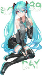 Rule 34 | 1girl, aqua eyes, aqua hair, bad id, bad pixiv id, black footwear, black thighhighs, boots, bridal gauntlets, character name, detached sleeves, hand on own chest, hatsune miku, highres, long hair, modare, necktie, panties, panty peek, sitting, skirt, sleeveless, smile, solo, striped clothes, striped panties, thigh boots, thighhighs, twintails, underwear, unzipped, very long hair, vocaloid, zettai ryouiki