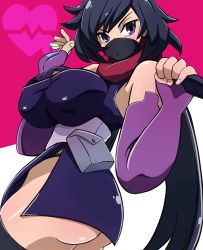 Rule 34 | 1girl, ass, ayame (gundam build divers), black hair, black mask, black panties, black thighhighs, breasts, cinnamon6, commentary, covered erect nipples, covering own mouth, elbow gloves, fingerless gloves, gloves, gundam, gundam build divers, heart, highres, japanese clothes, kimono, kunai, large breasts, long hair, mask, mouth mask, ninja, ninja mask, panties, panty peek, pink background, pouch, purple eyes, purple gloves, red scarf, scarf, short kimono, solo, split ponytail, thighhighs, two-tone background, underwear, very long hair, weapon, white background