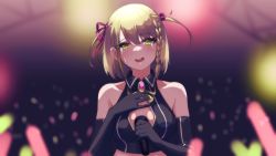 Rule 34 | 1girl, absurdres, bad id, bad twitter id, black gloves, blurry, blurry background, braid, breasts, cleavage cutout, clothing cutout, commentary, crying, crying with eyes open, elbow gloves, english commentary, fuzuki miki, gloves, hair behind ear, highres, holding, holding microphone, indie virtual youtuber, light stick, medium breasts, microphone, open mouth, second-party source, short hair, smile, solo, tears, two side up, upper body, valefal coneri, virtual youtuber