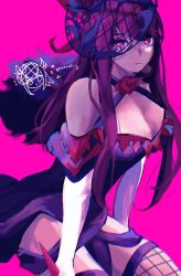 Rule 34 | 1girl, absurdres, bare shoulders, black cape, breasts, brooch, cape, ceem, cleavage, commentary, dress, elbow gloves, fascinator, fire emblem, fire emblem engage, fishnet thighhighs, fishnets, flower, flower brooch, gloves, highres, ivy (fire emblem), jewelry, kneeling, large breasts, long hair, looking at viewer, mole, mole under eye, mole under mouth, nintendo, off-shoulder dress, off shoulder, purple background, purple dress, purple eyes, purple hair, red flower, red rose, rose, short sleeves, simple background, solo, spikes, thighhighs, very long hair, white gloves
