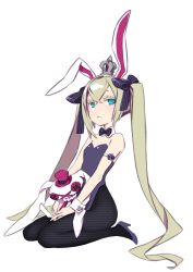 Rule 34 | 1girl, 7th dragon (series), 7th dragon 2020, animal ears, aqua eyes, armband, bare shoulders, blonde hair, bow, rabbit ears, chelsea (7th dragon), closed mouth, crown, cuffs, fake animal ears, fishnets, flower, hacker (7th dragon), hair between eyes, hair bow, high heels, highres, holding, holding stuffed toy, long hair, miwa shirow, official art, playboy bunny, purple bow, purple flower, purple rose, red headwear, rose, seiza, simple background, sitting, solo, striped, striped bow, stuffed animal, stuffed toy, twintails, white background