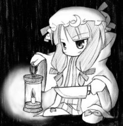 Rule 34 | 1girl, butcher knife, crescent, female focus, final fantasy, greyscale, hat, knife, lantern, long hair, lowres, monochrome, parody, patchouli knowledge, solo, tonberry, touhou