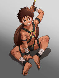 Rule 34 | 1boy, absurdres, amino (aminor), barbarian, barefoot, brown hair, chain, child, dark skin, drawing sword, fantasy, fighting stance, half-swording, highres, holding, holding sword, holding weapon, looking at viewer, male focus, muscular, muscular child, muscular male, on floor, original, over shoulder, ready to draw, red eyes, scar, scar on face, scared, shield, smile, solo, sword, sword over shoulder, teeth, weapon, weapon over shoulder