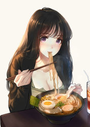 Rule 34 | 1girl, black hair, black jacket, blush, bowl, breasts, caidychen, chopsticks, cleavage, collarbone, commentary, cup, drink, drinking glass, drinking straw, eating, egg, egg (food), food, food in mouth, hardboiled egg, highres, holding, holding chopsticks, holding spoon, jacket, large breasts, long hair, looking at viewer, meat, noodles, nori (seaweed), open clothes, open jacket, original, purple eyes, ramen, simple background, sitting, solo, spoon, spring onion, steam, symbol-only commentary, table, upper body, white background