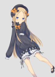 Rule 34 | 1girl, abigail williams (fate), aroma0501, black bow, black dress, black footwear, black hat, blonde hair, bloomers, blue eyes, blush, bow, bug, butterfly, closed mouth, commentary request, dress, fate/grand order, fate (series), forehead, grey background, hair bow, hat, head tilt, highres, insect, long hair, long sleeves, looking at viewer, mary janes, orange bow, parted bangs, polka dot, polka dot bow, shoes, simple background, sleeves past fingers, sleeves past wrists, smile, solo, underwear, very long hair, white bloomers